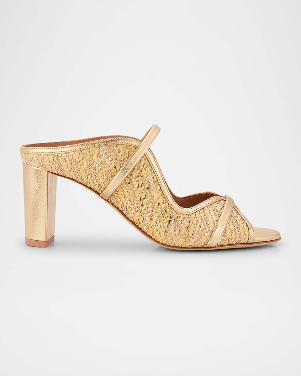 Norah Metallic Nappa Leather Raffia Dual-Strap Mule Sandals